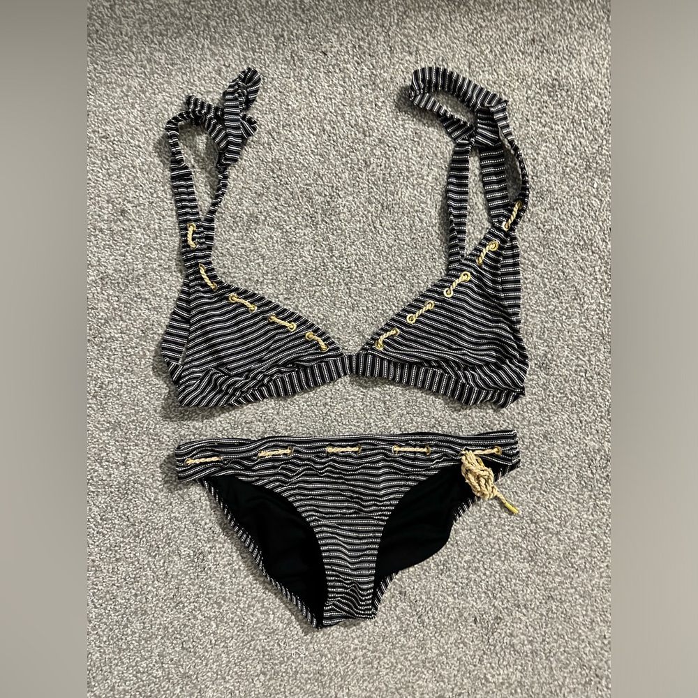 Two Piece Bathing suit with Black and white stripes